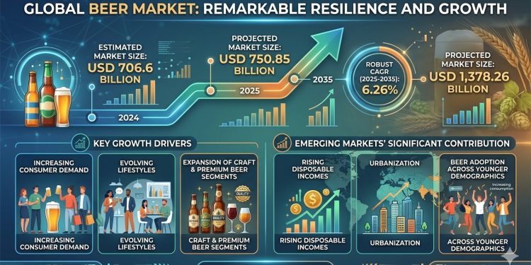 Global Beer Market to Reach USD 1,378.26 Billion by 2035, Growing at a CAGR of 6.26% – Market Trends, Innovations, and Opportunities